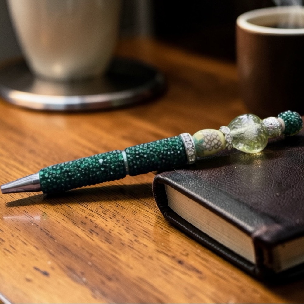 Handcrafted Lampwork Glass Beaded Pen with Silver Accents